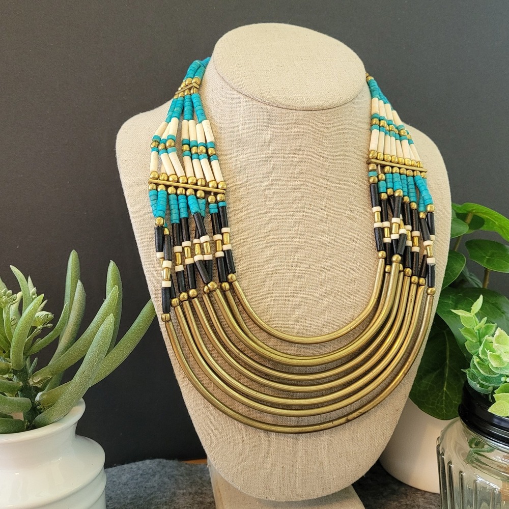 Egyptian Revival Turquoise Black Gold Tone Multi Strand Bib Necklace 18in